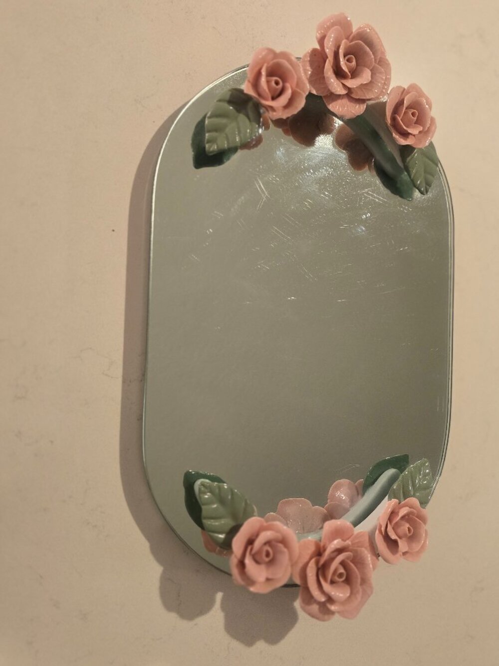 MCM Capodimonte Pink Roses Mirror Perfume Vanity Tray.